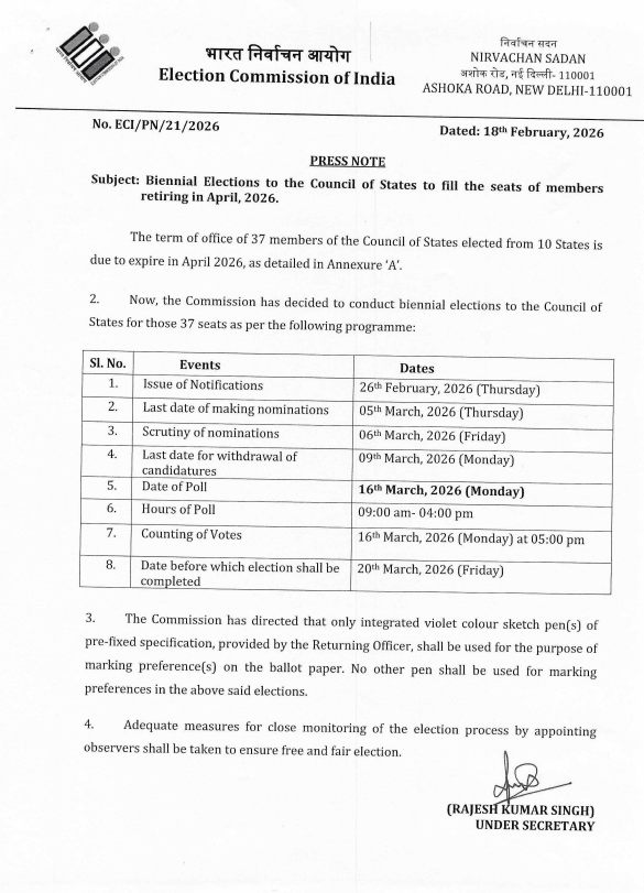 राज्यसभा के लिए 16 मार्च को मतदान